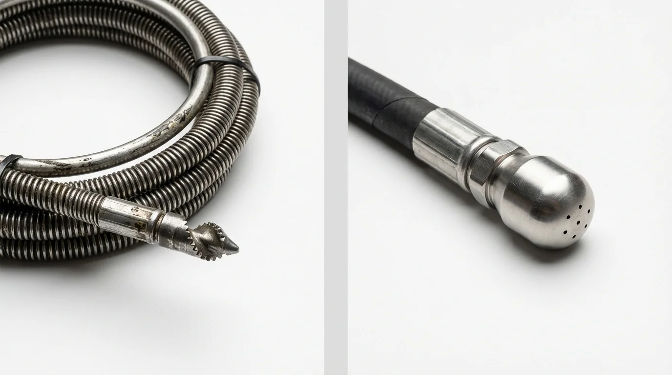 Drain snake cable and hydro jetting nozzle used for drain cleaning in Lakewood, IL
