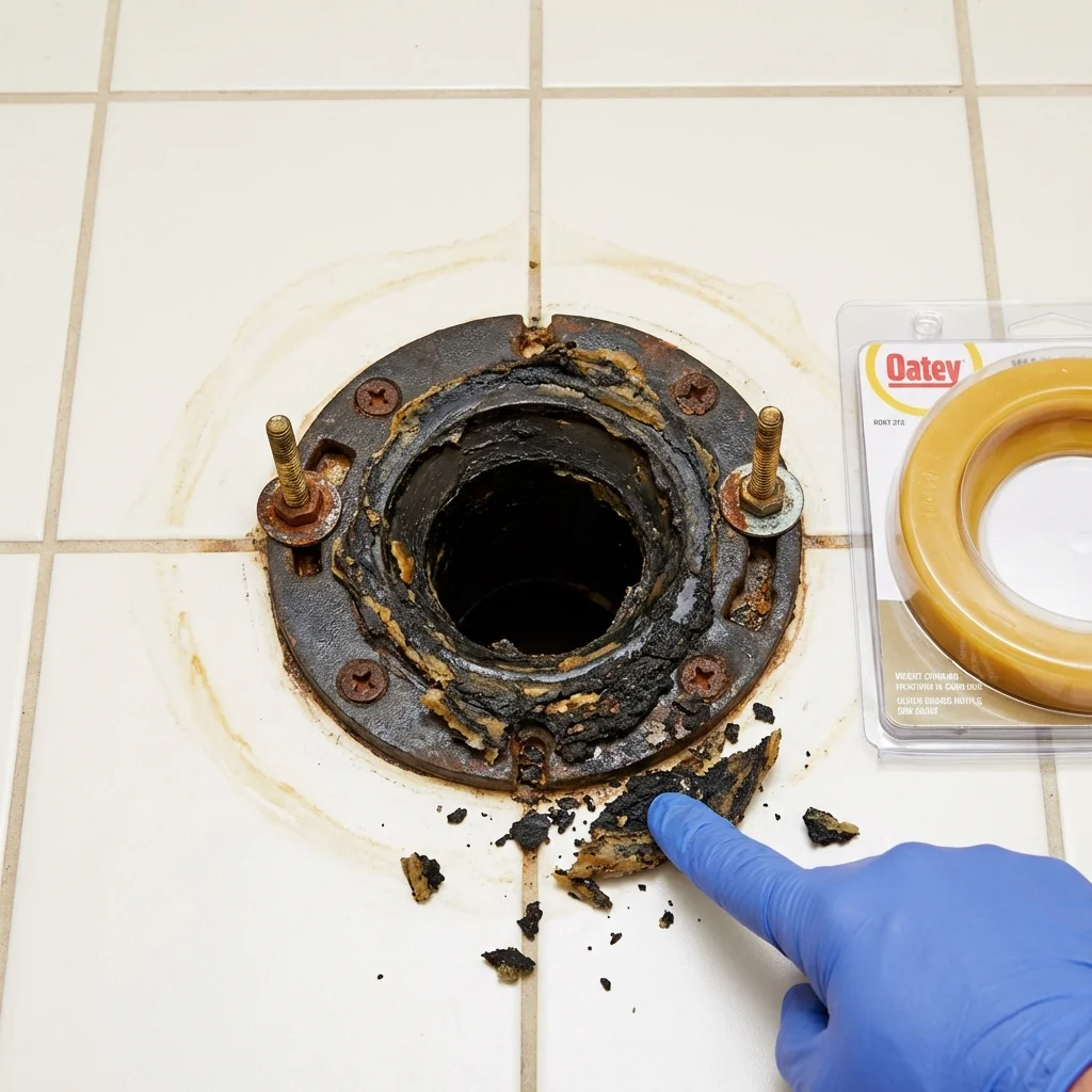Failed wax ring showing water seepage at the base of a toilet in a Lakewood, IL home