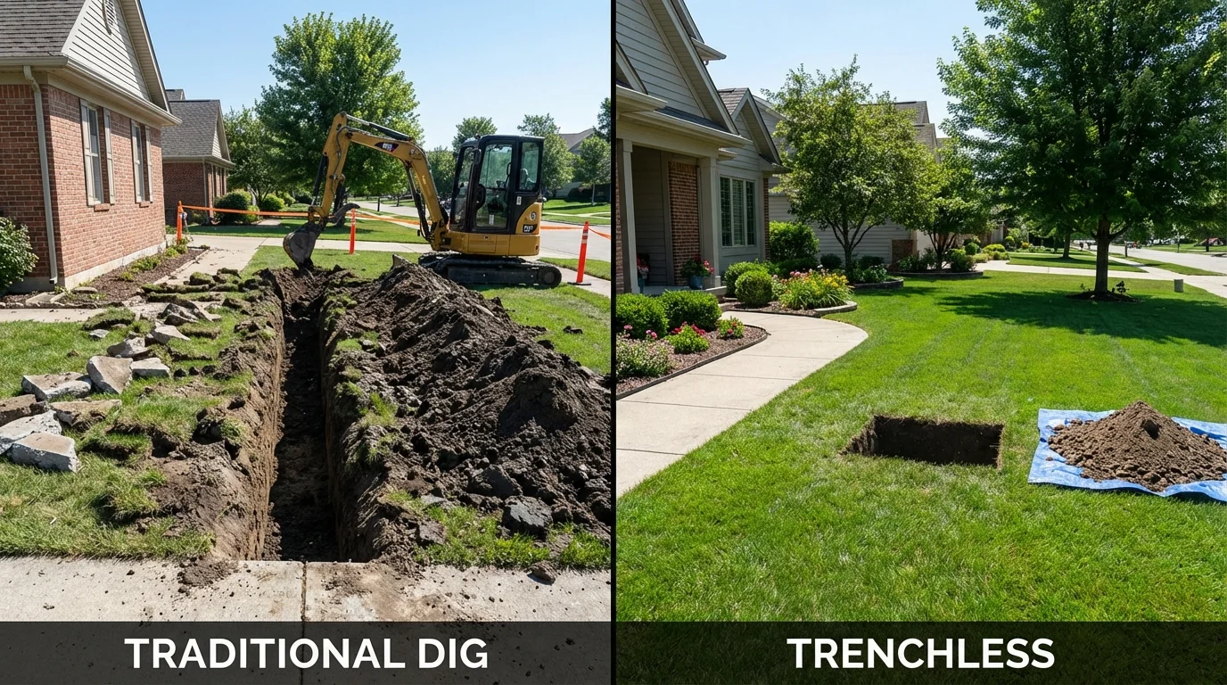 Trenchless sewer repair with minimal yard damage versus traditional excavation in Lakewood, IL