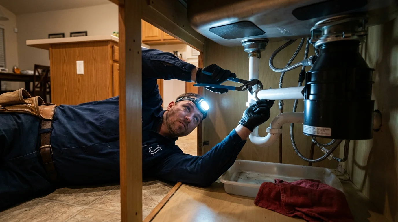 P-trap and supply line connections under a kitchen sink showing a common leak point in Lakewood, IL